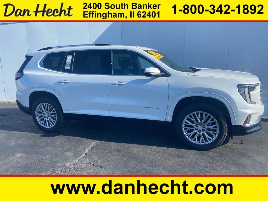 2025 GMC Acadia Denali in White Frost — front three-quarter view