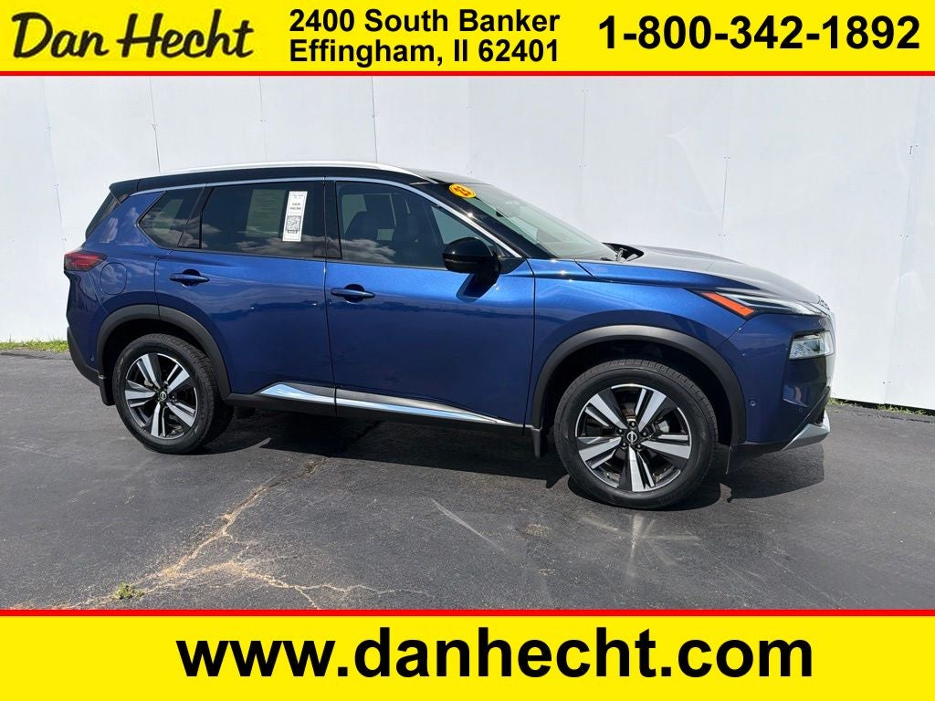 2023 Nissan Rogue Platinum in Caspian Blue Metallic — front three-quarter view
